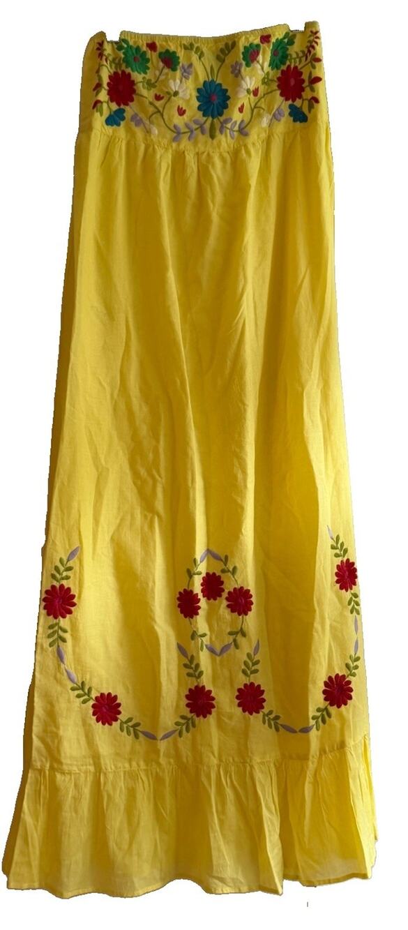 Raviya Strapless Maxi Dress L Yellow Cotton Embroidered Floral Boho Lined